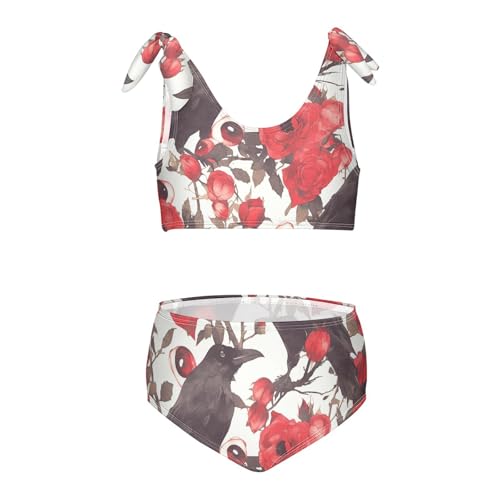 KLL Red Roses with Eyeballs and Black Crows Girl Two Piece Bikini Sets Scoop Neck Swimsuits Swimwear Cute Shoulder Strap