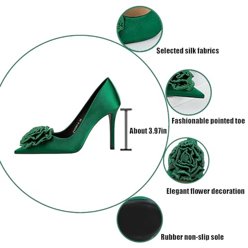 Women's Satin Flower Stiletto Heel Pumps Closed Pointed Toe Slip-on Stiletto High Heel Business Office Dress Shoes Elegant Bridal Party Wedding Shoes3