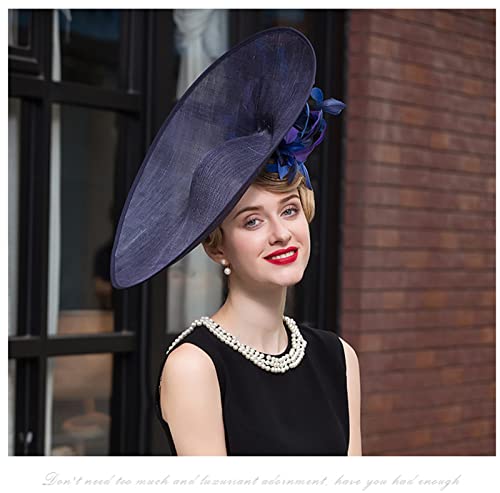 Vintagehat Large Brim Kentucky Derby Church Hat British Sinamay Fascinator Feather Flower Tea Party Fascinator Headband Navy Blue #TOP3