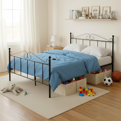 Double Bed Doppelbett Metallbett Bettrahmen Bettgestell für 140x190CM Matratze, Metall Bodenbett Schlafzimmer Bett mit Kopfteil Geeignet für Gästebett Jugendbett Seniorenbetten/Schwarz/Stil A – Bild 8