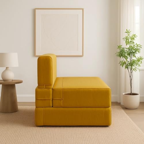 Image of PUM PUM 2-Seater Sofa Cum Bed | EPE Foam Foldable Couch with Velvet Fabric & Washable Cover | Convertible Sofa Bed for Home, Living Room & Office Guests | 3 x 6 Ft (Yellow)