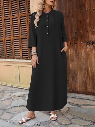 Image of Celmia Autumn Solid Loose Long Maxi Dress Cotton Caftan