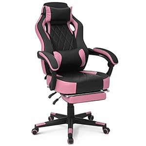 MoNiBloom Ergonomic Gaming Chair with Retractable Footrest Detachable Lumbar Support 360 Degree Swivel Racing Style PU Leather Computer Gaming Chair with Headrest for Home Bedroom Office Pink