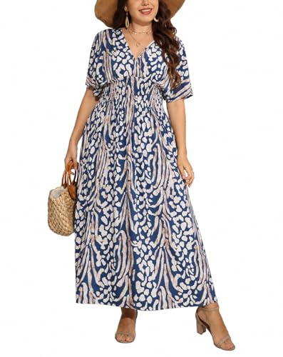 Image of OSTOO Women's Plus Size Hawaii Empire Waist Bat Short Sleeve Casual Floral Print Boho Maxi Dress