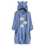 Material: Polyester Oberteil Schulterfrei Bedrucktes, lockeres Top, mittellange Kapuzenmütze, mittellange Damen-Ohrbluse, süße Damenbluse T Shirt Blau Damen
