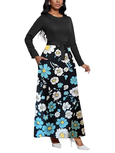 Image of BubFee Long Dress for Women Casual Long Sleeve Dresses Maxi Dress Empire Waist Loose with Belt