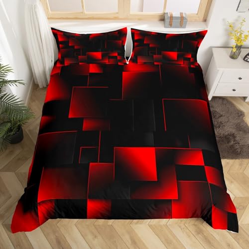 Image of Manfei Red Geometric Duvet Cover Set Single Size, Red and Black Square Comforter Cover, Abstract Geometric Lattice Bedding Set for Kids Girls Bedroom Decor, Lightweight Bedspread Cover, 1 Pillowcase