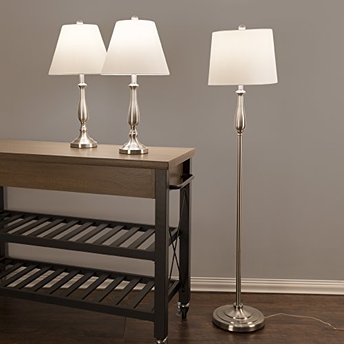 Table Lamps And Floor Lamp, Traditional Brushed Steel (3 Led Bulbs Included) By Lavish Home, 13 In X 13 In X 59.5 In, White, Set Of 3 #TOP3