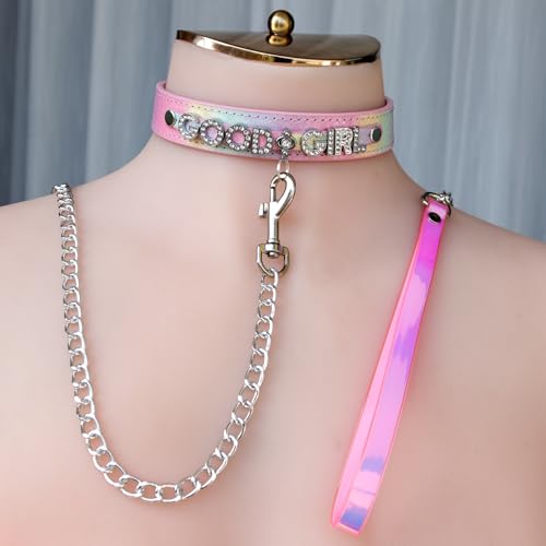 Leather Collar Chain Leash Set With Name Letters,Punk Gothic Rock Choker Necklace for Women Men Cosplay Party Gifts2