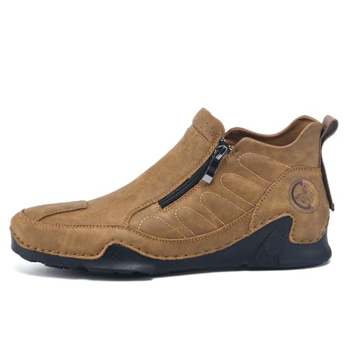 Men's Leather Comfortable Slip on Chukka Ankle Boots Outdoor Lightweight Non-slip Side Zipper Flat Driving Shoes for Walking Hiking3