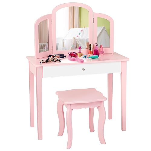 Toeletta Trucco Per Bambina COSTWAY - Specchiera 2 In 1 Con Cassetto E Sgabello, Legno Robusto 70x34x105cm Rosa - Foto 7