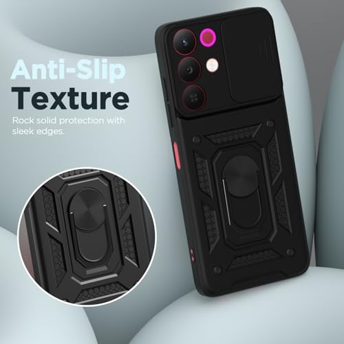 Image of Pikkme Back Cover for Realme Narzo 90X 5G / Realme C85 5G / Realme 15X 5G | 360 Protection Case | Sliding Camera Shield Cover & Ring Holder Stand D10 Tough Armor Bumper Case (Black)