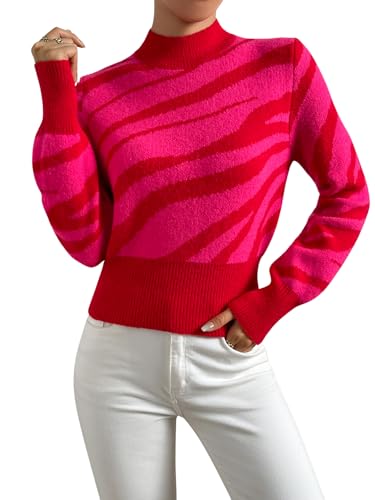 Floerns Women's Casual Mock Neck Graphic Pattern Pullover Long Sleeve Knit Sweater