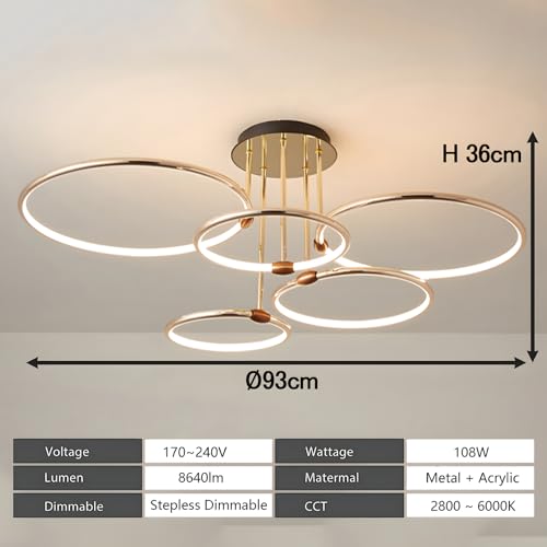 5 Okrągłe Pierścienie Złota Lampa Sufitowa Led, Ø93cm Żyrandol O Średnicy, 108W Bezstopniowo Przyciemniana, Kreatywna Metalowa Galwanizowana Lampa Wisząca, Nowoczesna Lampa Do Sypialni, Salonu Biura