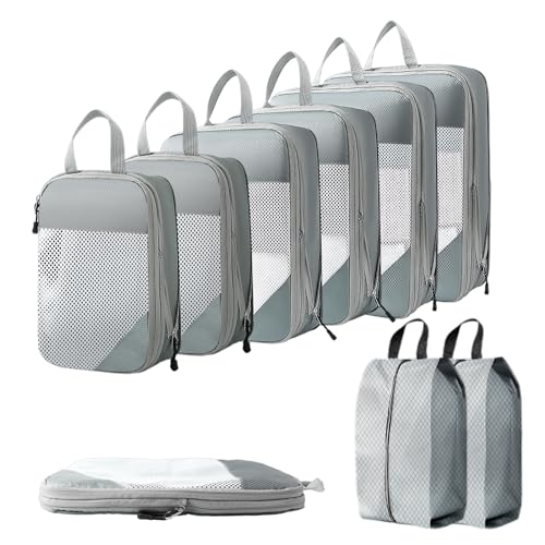 Compression Packing Cubes, 8 PCS Zhwidnerso Extensible Packing Organizer Bags for Suitcase Backpack Travel Luggage, Lightweight Travel Essentials Bag Organiser Clothes Shoes Storage Bags (Gray, 8 pcs)