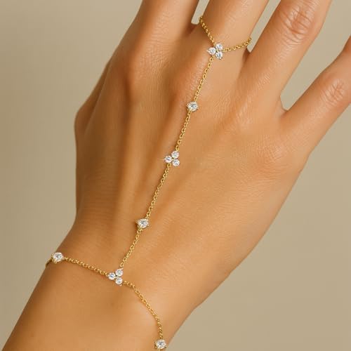 STONEFANS Hand Chain, Dainty Gold Bracelets for Women 14K Gold Plated Cubic Zirconia Finger Bracelet Adjustable Ring Bracelet Hand Chain Trendy Jewelry Accessories for Women Gifts2