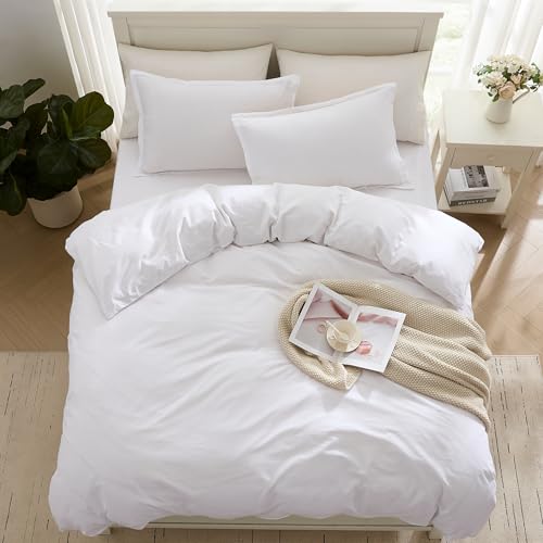 Image of LANE LINEN Organic Cotton Single Duvet Cover Set, White 2-Piece Set (1 Duvet Cover, 1 Pillow Sham), Pure Organic Long Staple Cotton, Breathable, Button Closure Comforter Cover
