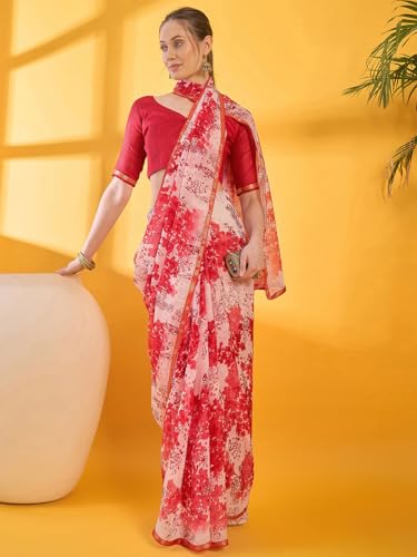 Image of SIRIL Women's Printed Chiffon Saree with Unstitched Blouse Piece