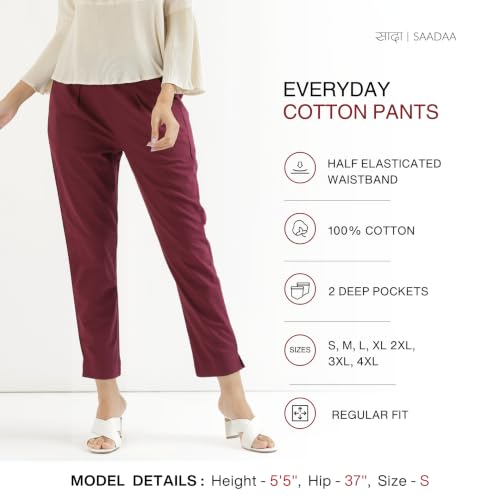 Image of SAADAA Women Cotton Pant Regular Slim Fit Mid Rise Trouser, Pocket Pants for Office School Formal Casual Daily Use