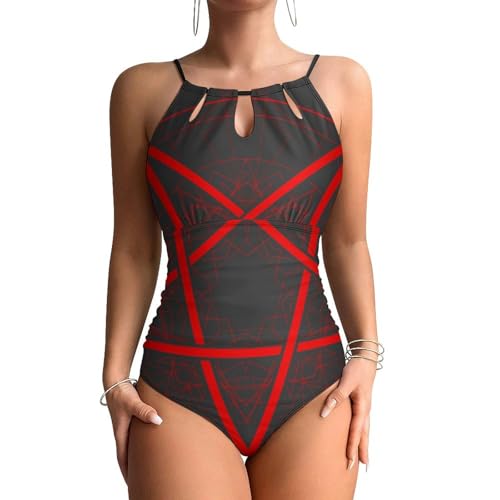 Maillot de bain une pièce pentagramme rouge avec effet ventre plat pour femme