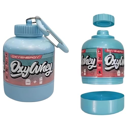 Omana Proteinpulver-Aufbewahrungsbehälter to go, tragbarer Nahrungsergänzungsbehälter mit Trichter & Schlüsselanhänger, für Reisen, Fitnessstudio, Workout, Fitness, BPA-frei (Blau, 200 ml)