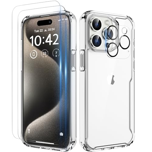 ORETECH para Funda iPhone 15 Pro Max, con [2X Protector de Pantalla][1X Cámara Protector de Pantalla] Antigolpes Antichoque Anti-Arañazos Transparente para Carcasa Fundas iPhone 15 Pro Max Case, Clara