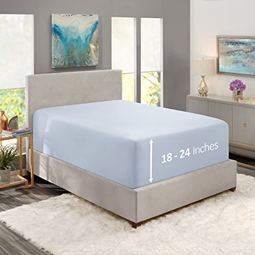 Image of Hearth & Harbor Extra Deep Pocket Queen Fitted Sheet - Fits 18 to 24 Inch Mattress - Ultra Soft 1800 Microfiber, Wrinkle-Free & Breathable - Hotel Luxury Fitted Sheet Only, Ice Blue