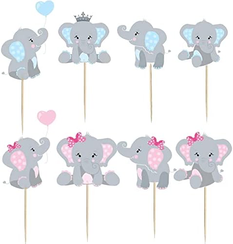 48 Pieces Baby Shower Elephant Cupcake Toppers Blue & Pink Double Sided Elephant Cake Topper Decorations Elephants Theme Birthday Party Supplies