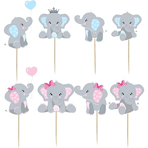 48 Pieces Baby Shower Elephant Cupcake Toppers Blue & Pink Double Sided Elephant Cake Topper Decorations Elephants Theme Birthday Party Supplies #TOP2