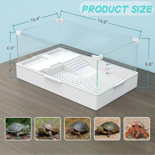 Small Turtle Starter Kit with Integrated Pump, Basking Light, Clear Acrylic 3-Layer Easy Cleaning Turtle Tank Aquarium for Small Reptiles