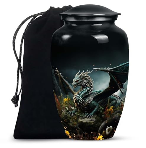 SUBSH Dragon of Enchanted Woods - Large with Velvet Bag - Funeral Decorative Urns - Memorial for Human Remains Mom & Dad - Cremation Urn for Adult Men & Women - Urn for Ashes Adult Male & Female