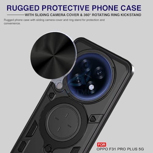 Image of AESTMO Armor Oppo F31 Pro Plus 5G Bumper Back Case Cover | Ring Holder & CD Pattern Sliding Camera Shutter Cover | Back Case Cover for Oppo F31 Pro Plus 5G (Black)