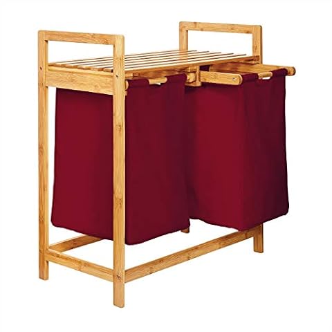 Lumaland Kosz na pranie z bambusa z 2 wysuwanymi workami na pranie, rozmiar ok. 73 cm wysokości x 64 cm szerokości x 33 cm głębokości, kolor: ciemnoczerwony