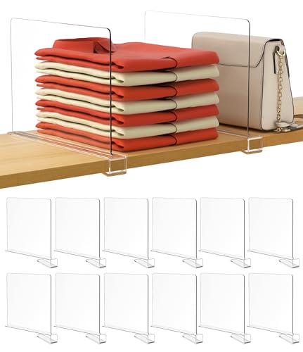 Image of HBlife 12 Pcs Clear Acrylic Shelf Dividers, Vertical Purse Organizer for Closet Perfect for Sweater, Shirts, Handbags in Bedroom and Kitchen, Closet Separators for Organization Cabinet