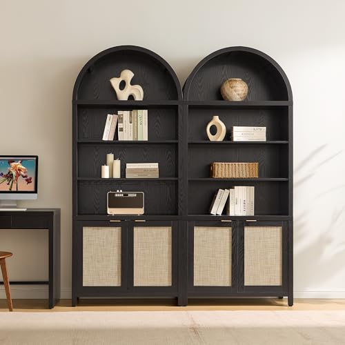 Image of SICOTAS 84.2 inch Tall Arched Bookcase with Doors - 5 Tier Rattan Bookshelf