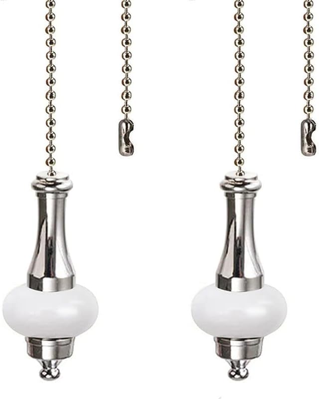 Ceiling Fan Pull Chain 14 Inches Sliver Color with White Ceramic Pendant Extension For Ceiling Light Lamp Fan Chain (Nickel)2 Pack