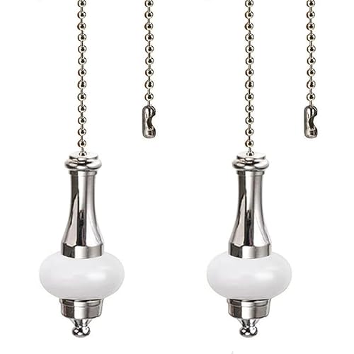 Akahttbn Ceiling Fan Pull Chain 14 Inches Sliver Color with White Ceramic Pendant Extension For Ceiling Light Lamp Fan Chain (Nickel)2 Pack