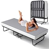 Decofy Folding Bed with Memory Foam Mattress, Portable Rollaway Guest Beds on Wheels, 75"x31" Twin Size Space-Saving Cot-Size Bed for Adults with Easy Assembly Metal Frame (Grey)