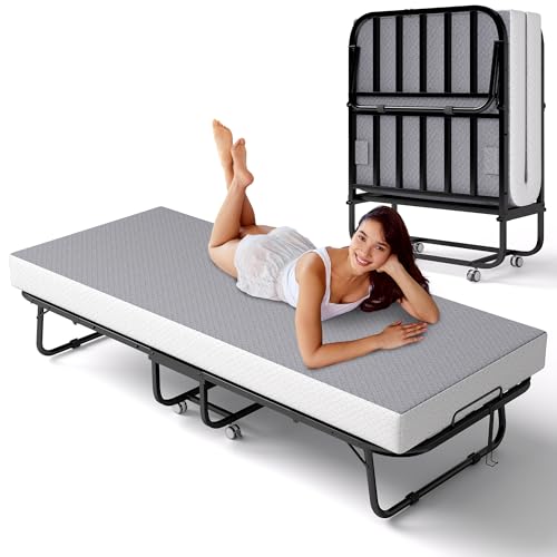 Decofy Folding Bed with Memory Foam Mattress, Portable Rollaway Guest Beds on Wheels, 75'x31' Twin Size Space-Saving Cot-Size Bed for Adults with Easy...