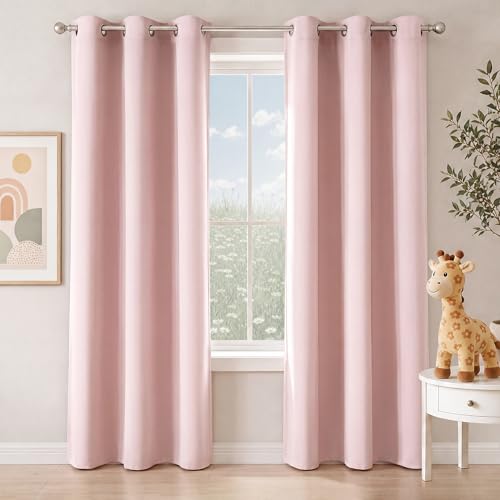 Image of NICETOWN Blush Pink Room Darkening Curtains 86 Inches Long 2 Panels for Girls Room, Bedroom, Nursery Thermal Insulated Blackout Drapes Solid Grommet Noise Reducing Window Curtains, W40