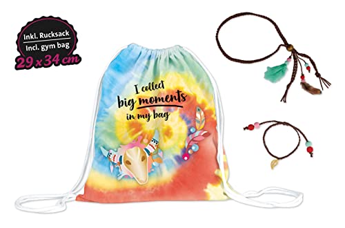 Lena 42608 Bastelset Batik Boho, DIY Rucksack, Komplettset mit Leinenrucksack 29 x 34 cm, 5 Batikfarben, 3 Textilstifte, Bügelfolien, Haarperlen und Flecht-Haarband für Kinder ab 8 Jahre, Mittel