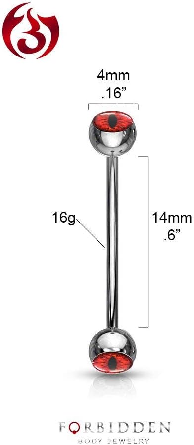 Forbidden Body Jewelry 16g 14mm Surgical Steel Curved Barbell w/Snake Eye Inlaid Ball Ends for Snake Eyes Tongue Piercing