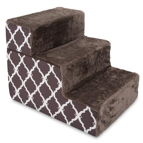 Image of Best Pet Supplies Dog Stairs & Steps - Foam Steps for Small Dogs & Cats, Non-Slip Indoor Balanced Pet Step Support, Dog Ramp, No Assembly, Brown Lattice Print, Foldable 3-Step (16.5-inch Height)