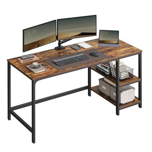 VASAGLE ALINRU Computer Desk, 55.1-Inch Long Home Office Desk for Study, Writing Desk with 2 Shelves on Left or Right, Steel Frame, Industrial, Rustic Brown and Black ULWD55X