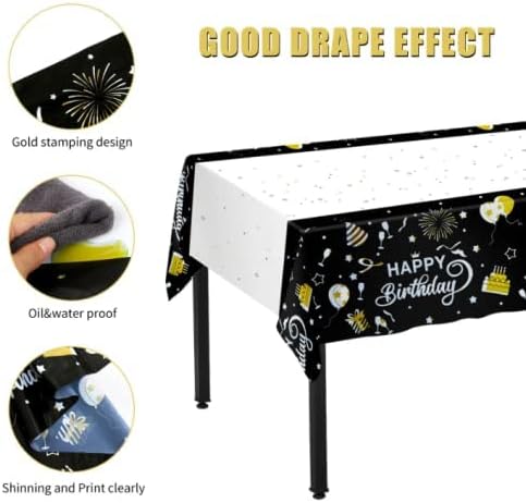 2 Pack Happy Birthday Disposable Table Cloth ,Black Gold Plastic Rectangle Table Cover for Men Women , Happy Birthday Tablecloth Party Tablecloths for 80th 50th 18th Birthday Party Decorations (black)
