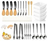 Picture of Charcuterie Board Accessories With 3 Oz Ceramic Dip Bowls, Wooden Handle Black Cheese Spreader Butter Knive Set Kit, Mini Tongs, Spoons, Forks,Honey Dipper, Cocktail Picks