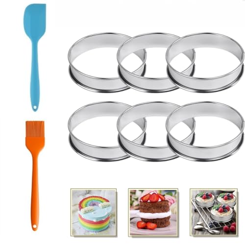 JSQJ Backringe Muffinringe 6 Stück Tortenring Rund 304 Edelstahl Dessertringe Crumpet Rings Form für Backen Küche Mousse Muffins, mit Ölpinsel und Spateln (10 cm)