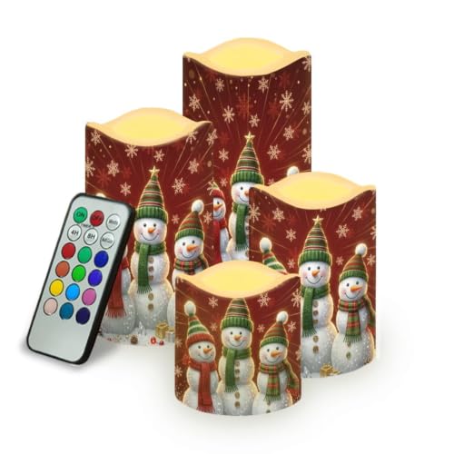 Image of Christmas LED Flameless Candles Set of 4, Knitted Snowman | Flameless Candle Set with Timer, Battery Operated, Fake Candles for cozy Christmas Living Room Table Centerpieces
