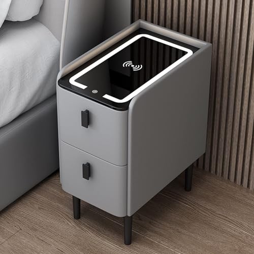 Mesita de noche inteligente con cajón de almacenamiento, mesita de noche pequeña, mesita de noche estrecha, mesita de noche con cajón, mesita de noche LED inteligente, mueble compacto y funcional para