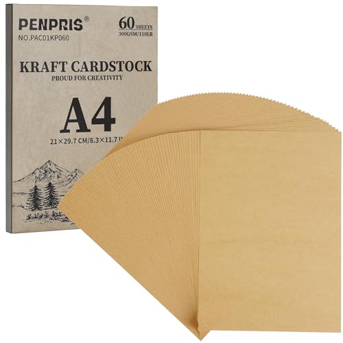 300GSM A4 Cartulina Kraft Marrón - 60 Hojas De Papel De Cartulina Papel Grueso 110lb Para Navidad, Fabricación De Tarjetas, Tarjetas Postales, Invitaciones PAC01KP060
